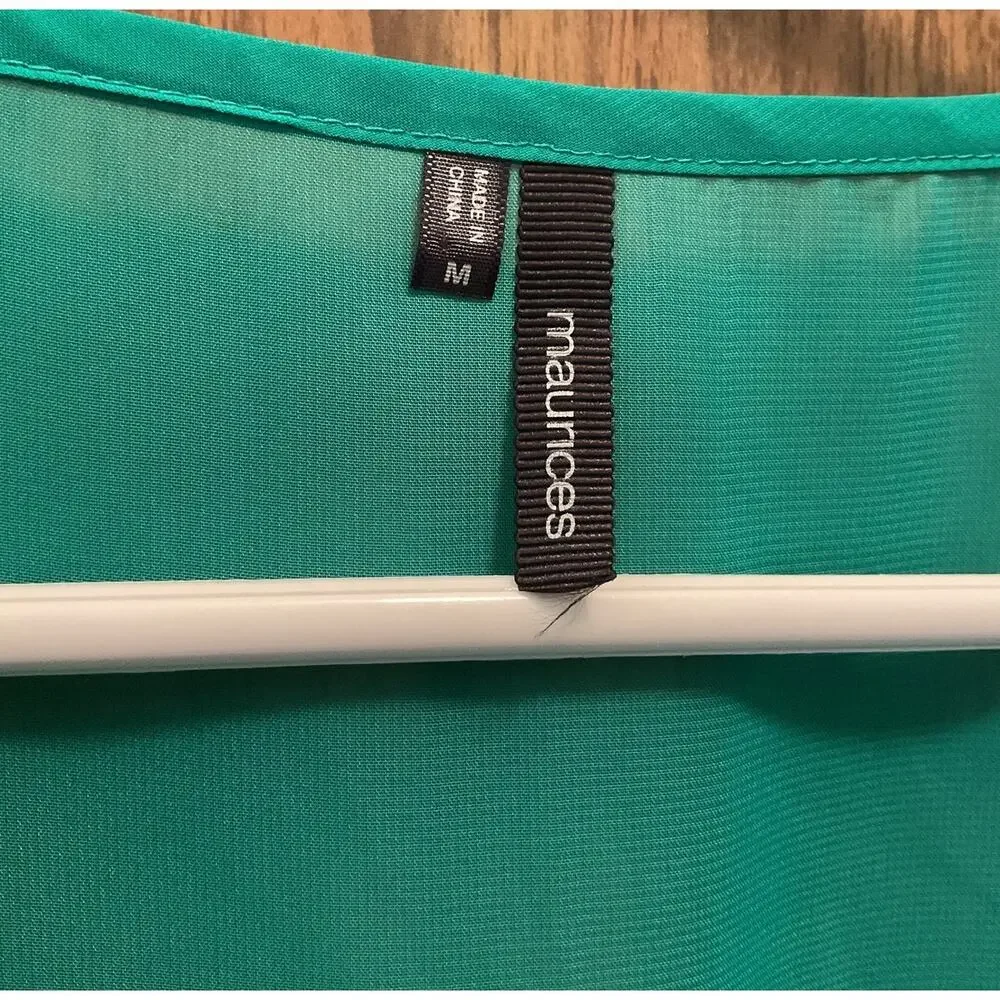 Maurices Semi Sheer Blouse Top Size Medium Green Cap Sleeve